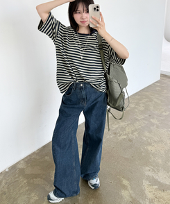 【丈別】スリットバンディングワイドデニムパンツ DEEP BLUE