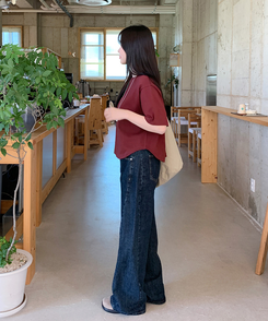 【丈別】スリットバンディングワイドデニムパンツ ASH DEEP BLUE