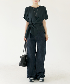 【丈別】スリットバンディングワイドデニムパンツ ASH DEEP BLUE