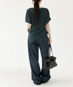 【丈別】スリットバンディングワイドデニムパンツ ASH DEEP BLUE