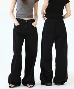 【丈別】スリットバンディングワイドデニムパンツ BLACK BLUE