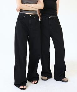 【丈別】スリットバンディングワイドデニムパンツ BLACK BLUE