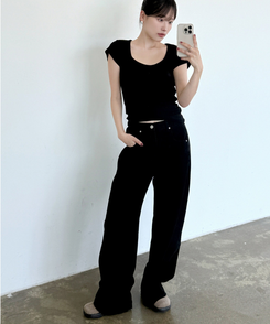 【丈別】スリットバンディングワイドデニムパンツ BLACK BLUE