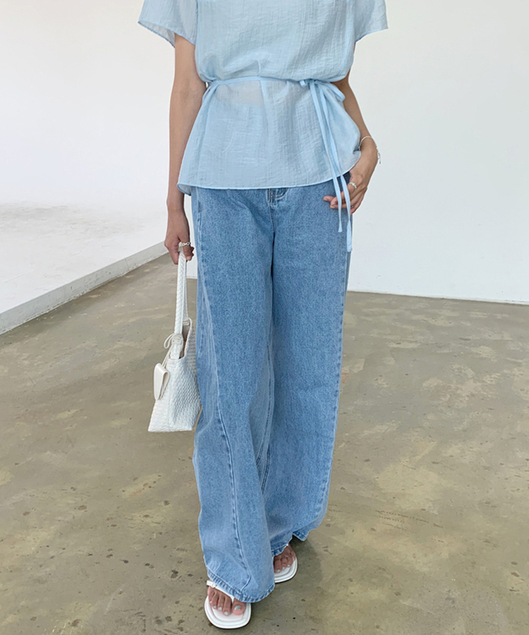 【丈別】スリットバンディングワイドデニムパンツ LIGHT BLUE