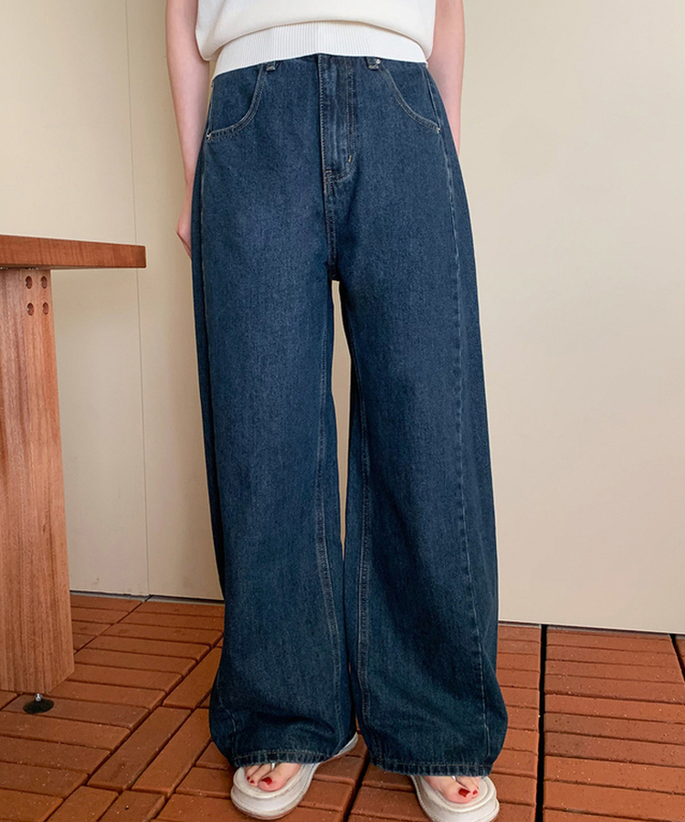 【丈別】スリットバンディングワイドデニムパンツ DEEP BLUE
