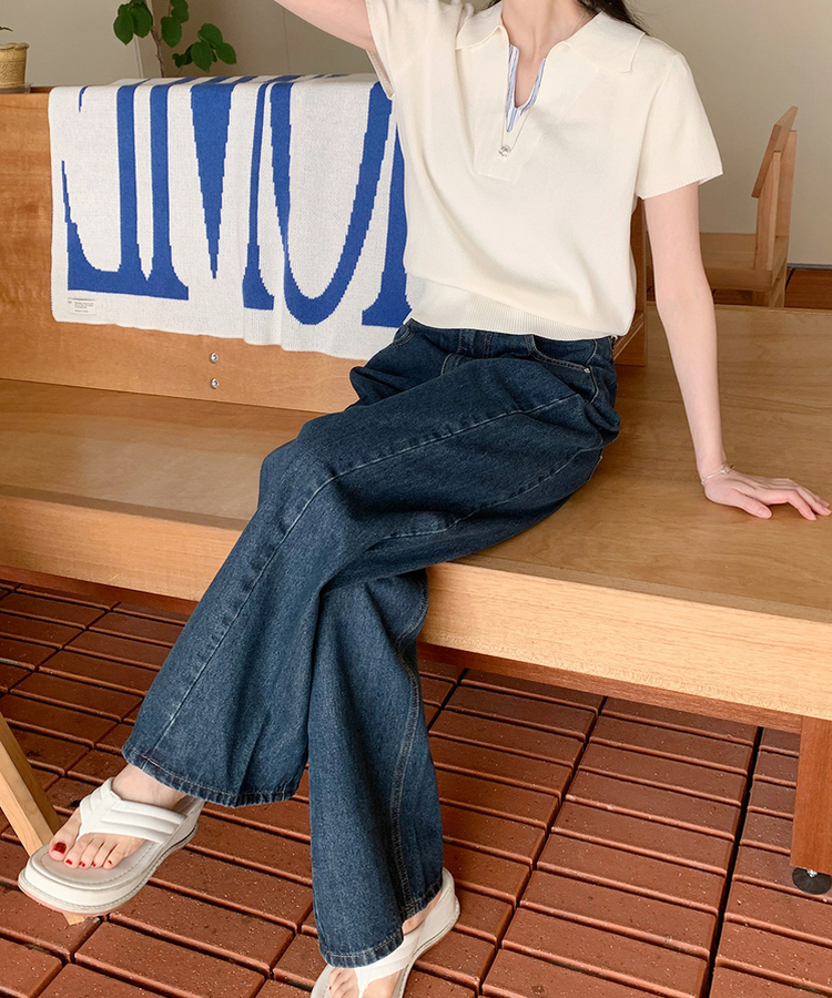 【丈別】スリットバンディングワイドデニムパンツ DEEP BLUE