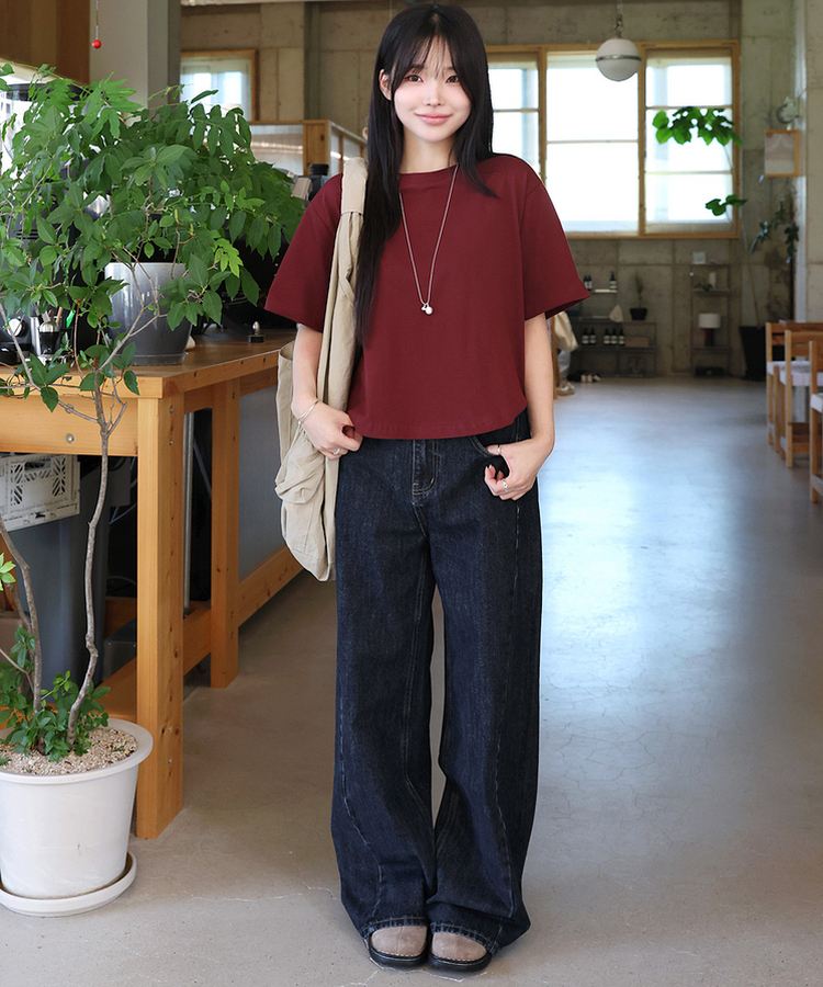 【丈別】スリットバンディングワイドデニムパンツ ASH DEEP BLUE