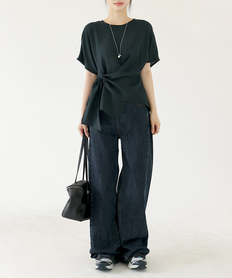 【丈別】スリットバンディングワイドデニムパンツ ASH DEEP BLUE