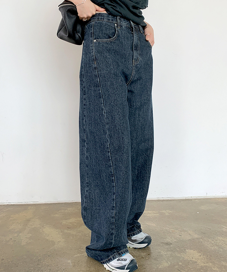 【丈別】スリットバンディングワイドデニムパンツ ASH DEEP BLUE