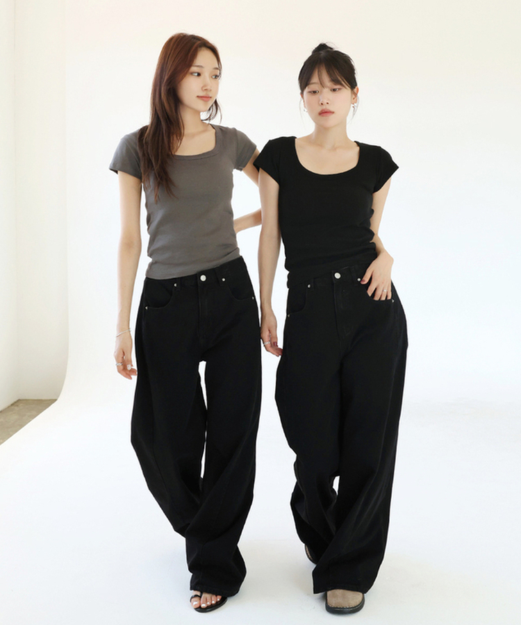 【丈別】スリットバンディングワイドデニムパンツ BLACK BLUE