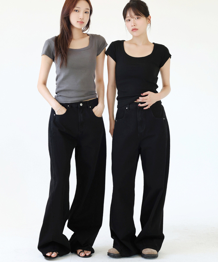 【丈別】スリットバンディングワイドデニムパンツ BLACK BLUE