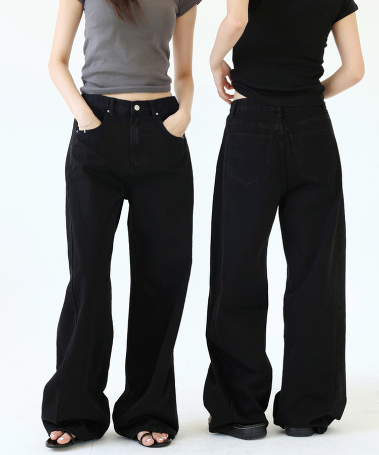 【丈別】スリットバンディングワイドデニムパンツ BLACK BLUE