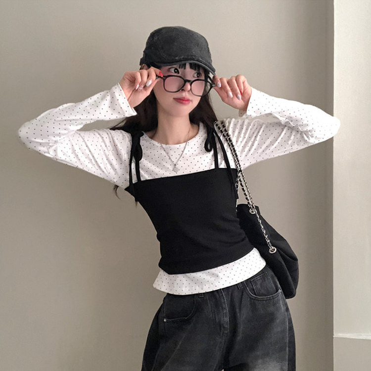 シフォンリボンビスチェ風カットソー ヘビロテアイテム】ビスチェ風シフォンドットカットソー | La boutique