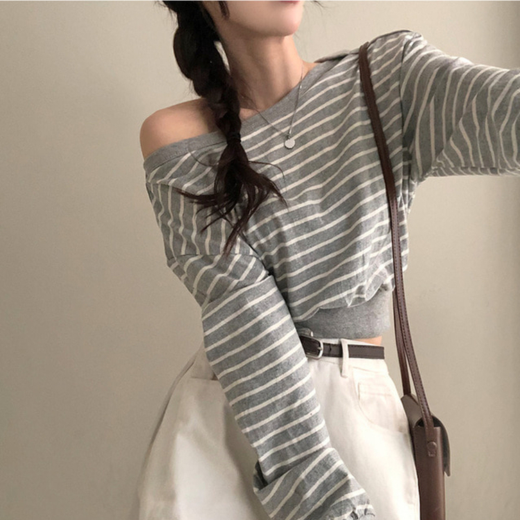 젤린 단가라 스트라이프 언발 입술넥 오프숄더 크롭 맨투맨 그레이
