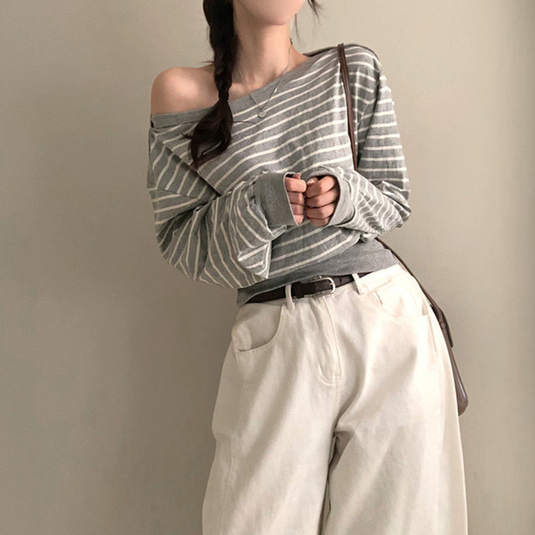 젤린 단가라 스트라이프 언발 입술넥 오프숄더 크롭 맨투맨 그레이