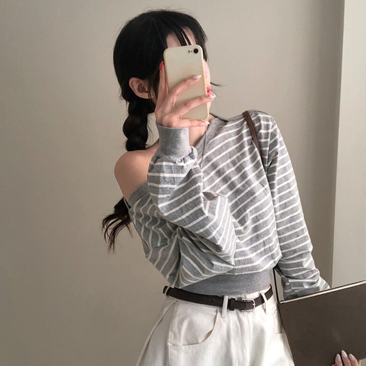 젤린 단가라 스트라이프 언발 입술넥 오프숄더 크롭 맨투맨 그레이