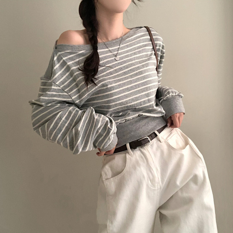 젤린 단가라 스트라이프 언발 입술넥 오프숄더 크롭 맨투맨 그레이