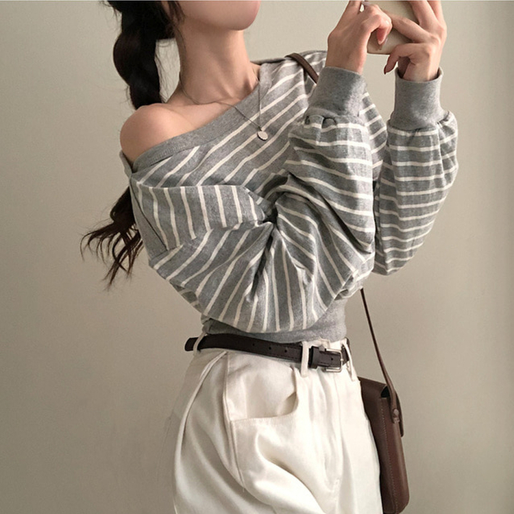 젤린 단가라 스트라이프 언발 입술넥 오프숄더 크롭 맨투맨 그레이