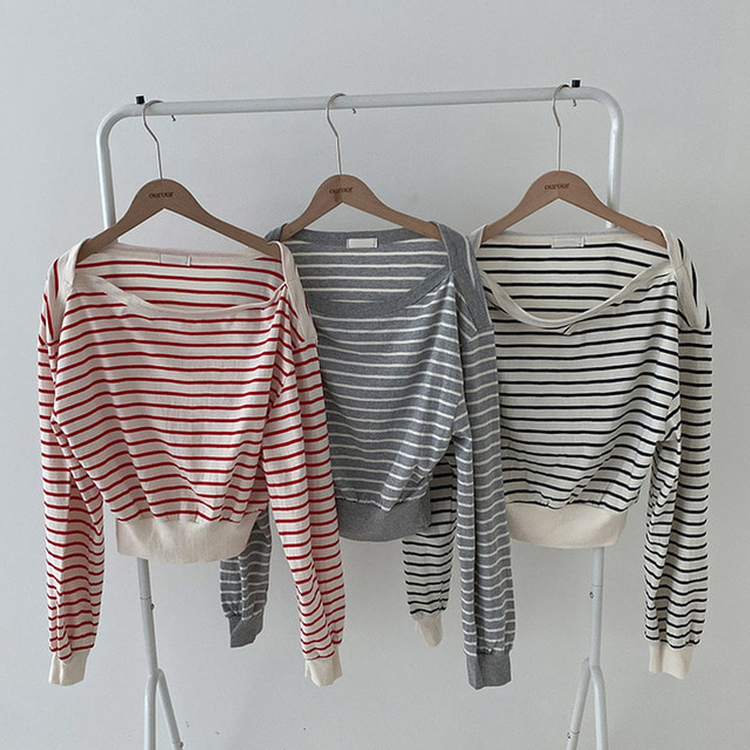 젤린 단가라 스트라이프 언발 입술넥 오프숄더 크롭 맨투맨