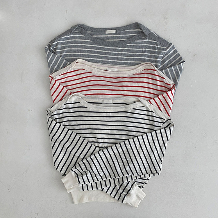 젤린 단가라 스트라이프 언발 입술넥 오프숄더 크롭 맨투맨