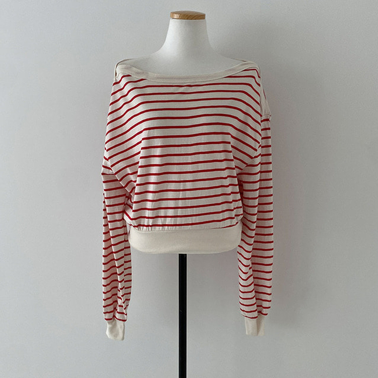 젤린 단가라 스트라이프 언발 입술넥 오프숄더 크롭 맨투맨
