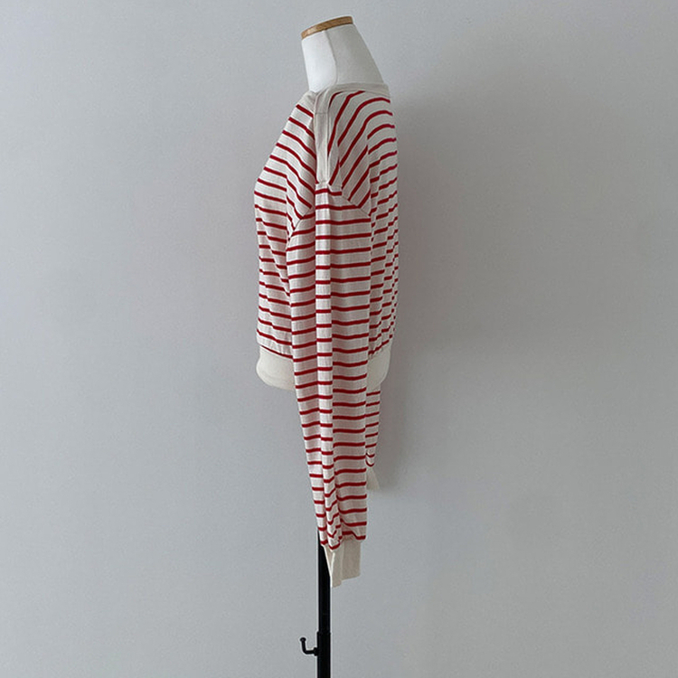 젤린 단가라 스트라이프 언발 입술넥 오프숄더 크롭 맨투맨