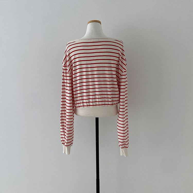 젤린 단가라 스트라이프 언발 입술넥 오프숄더 크롭 맨투맨