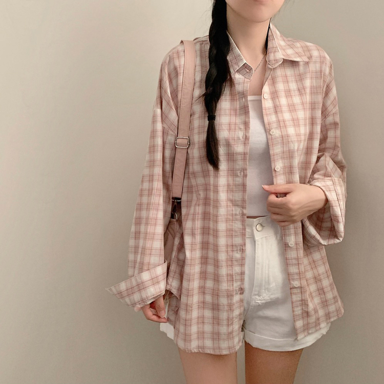 폴링 체크 루즈핏 박스핏 긴팔 셔츠 남방 핑크