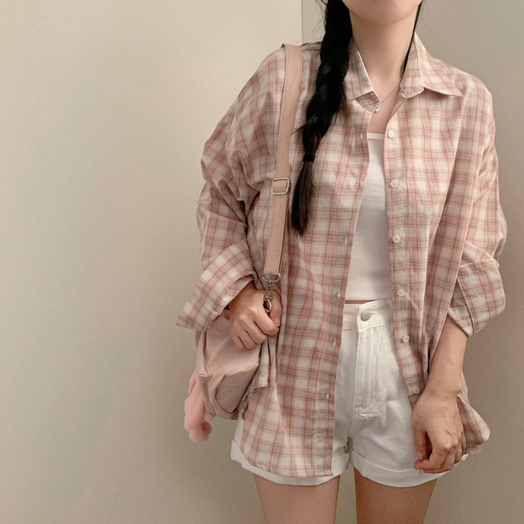 폴링 체크 루즈핏 박스핏 긴팔 셔츠 남방 핑크