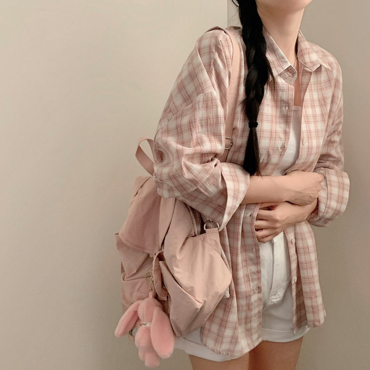 폴링 체크 루즈핏 박스핏 긴팔 셔츠 남방 핑크