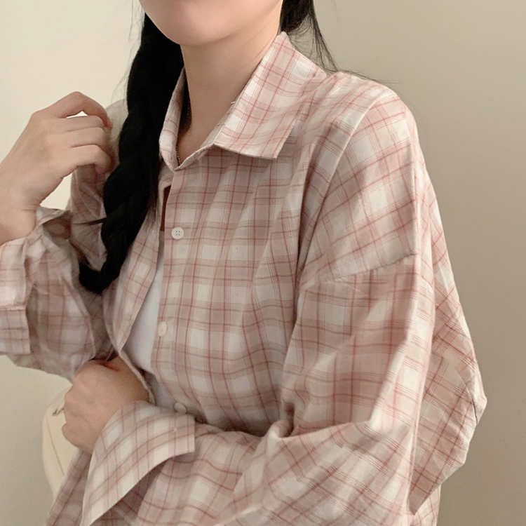 폴링 체크 루즈핏 박스핏 긴팔 셔츠 남방 핑크