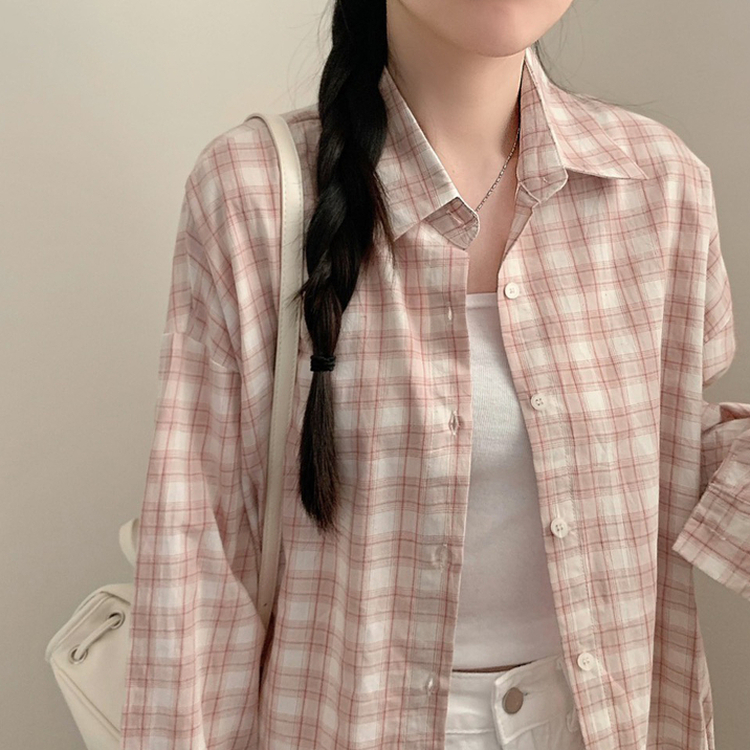 폴링 체크 루즈핏 박스핏 긴팔 셔츠 남방 핑크