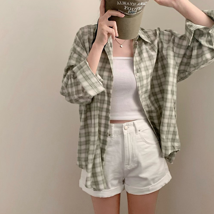 폴링 체크 루즈핏 박스핏 긴팔 셔츠 남방 민트