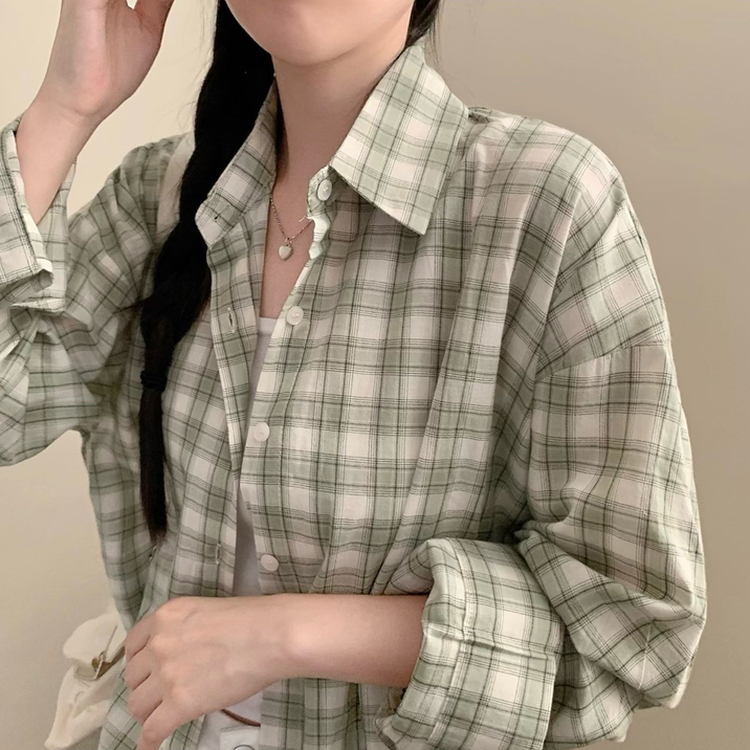 폴링 체크 루즈핏 박스핏 긴팔 셔츠 남방 민트