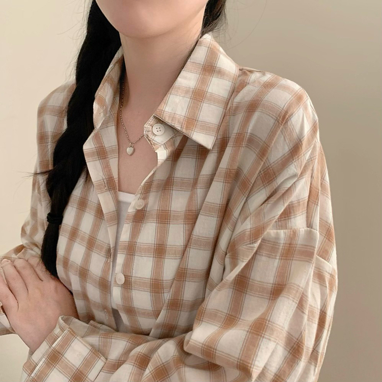 폴링 체크 루즈핏 박스핏 긴팔 셔츠 남방 베이지