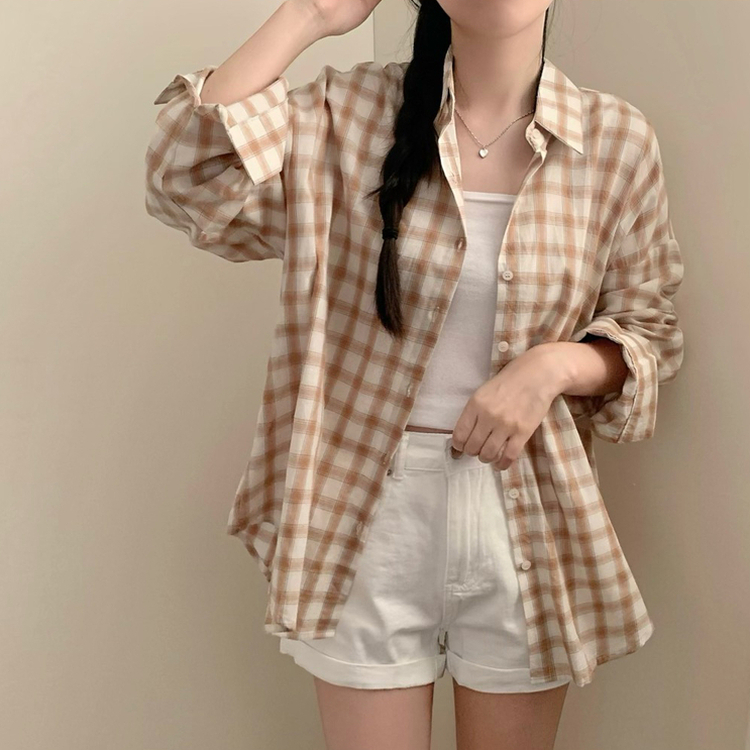 폴링 체크 루즈핏 박스핏 긴팔 셔츠 남방 베이지