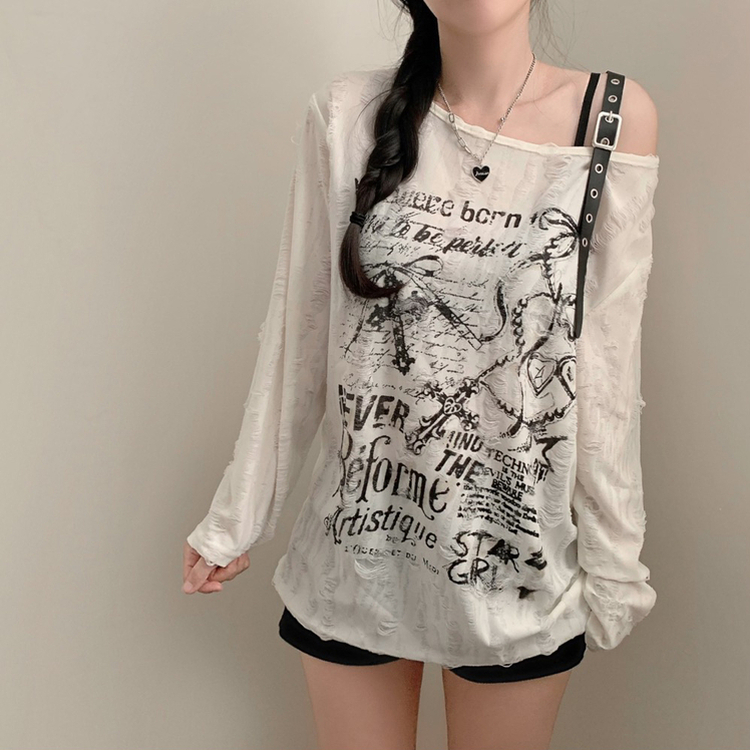 디스트로이드 어깨 벨트 프린팅 유니크 루즈핏 긴팔티 베이지