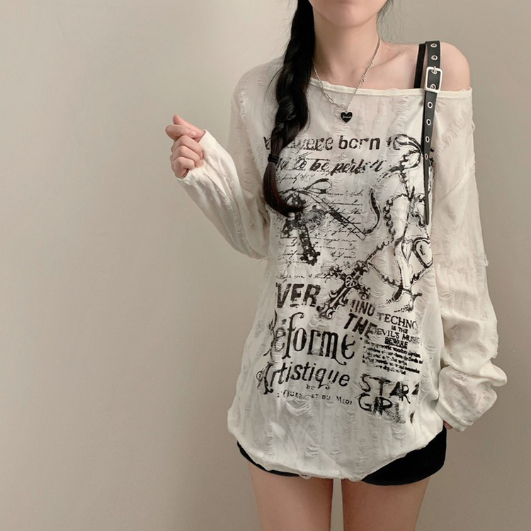 디스트로이드 어깨 벨트 프린팅 유니크 루즈핏 긴팔티 베이지