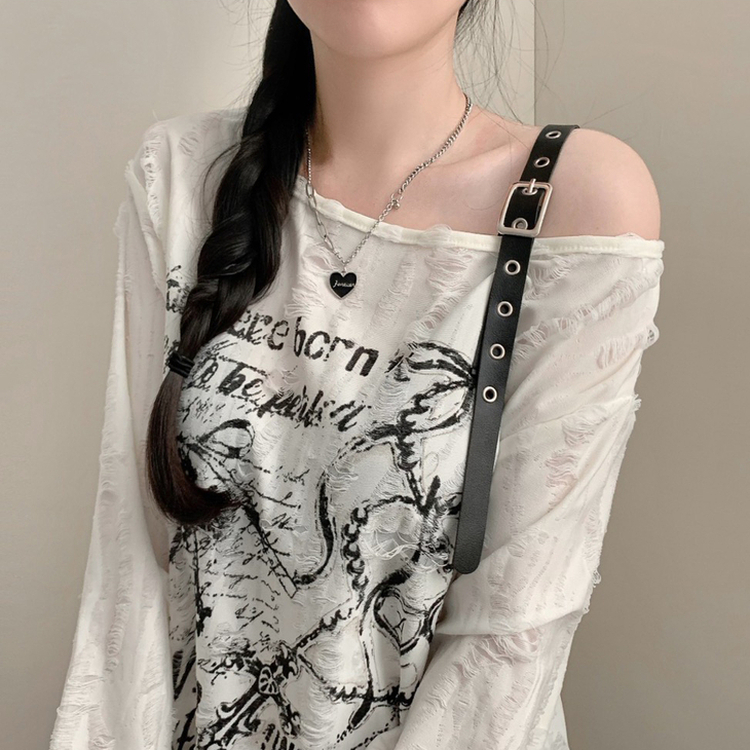 디스트로이드 어깨 벨트 프린팅 유니크 루즈핏 긴팔티 베이지