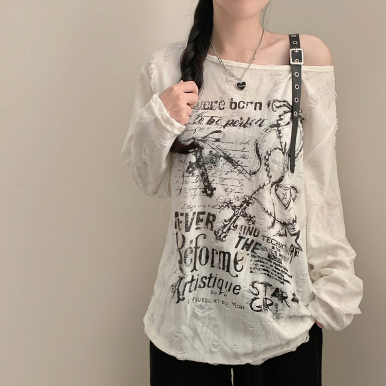 디스트로이드 어깨 벨트 프린팅 유니크 루즈핏 긴팔티 베이지