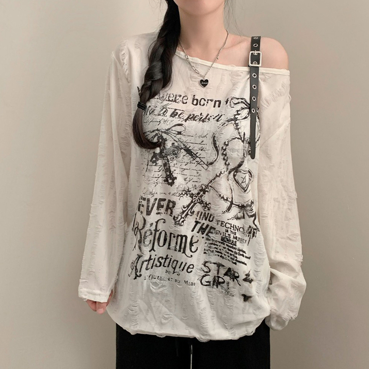 디스트로이드 어깨 벨트 프린팅 유니크 루즈핏 긴팔티 베이지