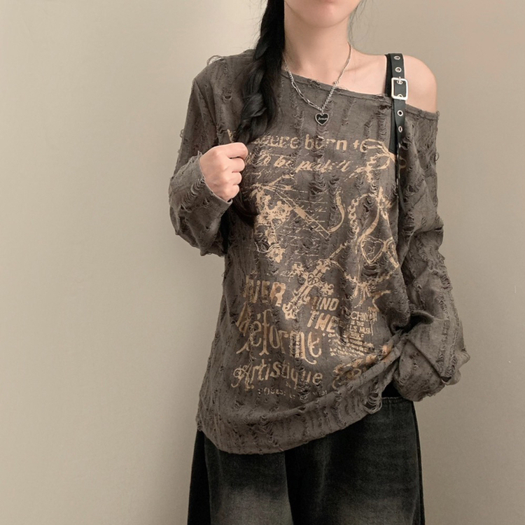 디스트로이드 어깨 벨트 프린팅 유니크 루즈핏 긴팔티 그레이