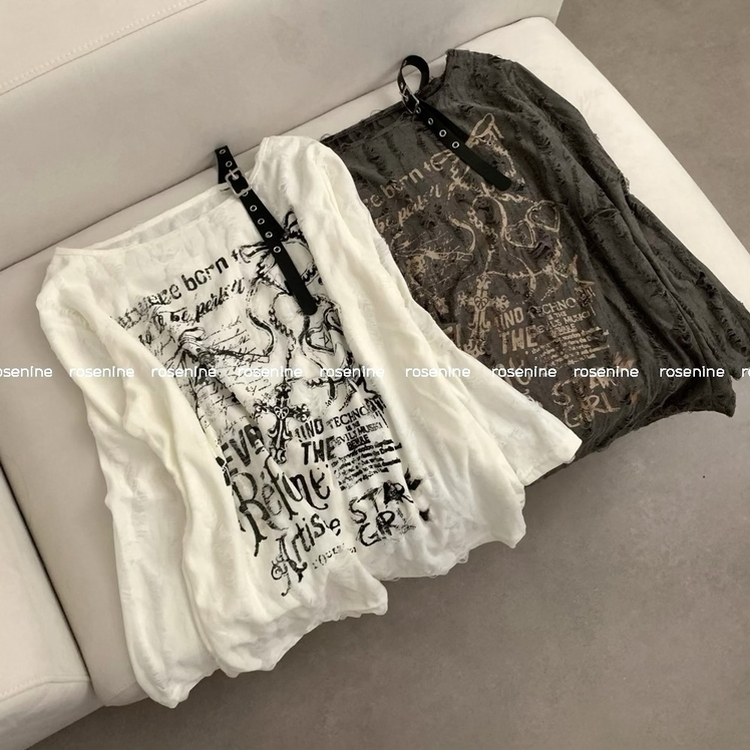 디스트로이드 어깨 벨트 프린팅 유니크 루즈핏 긴팔티