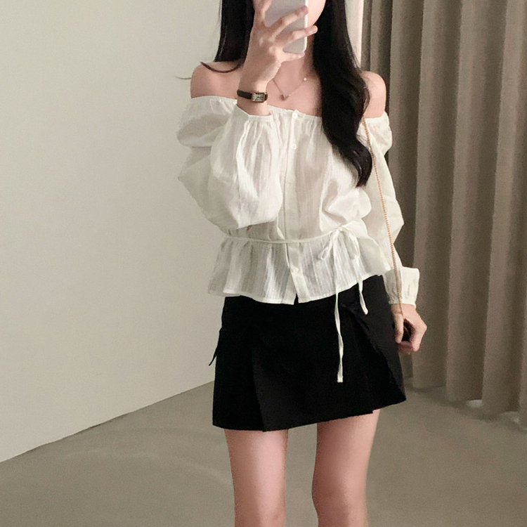 【タイ付き】オフショルダーコットンブラウス IVORY