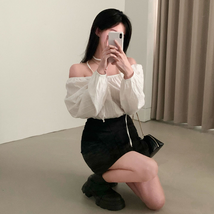 【タイ付き】オフショルダーコットンブラウス IVORY