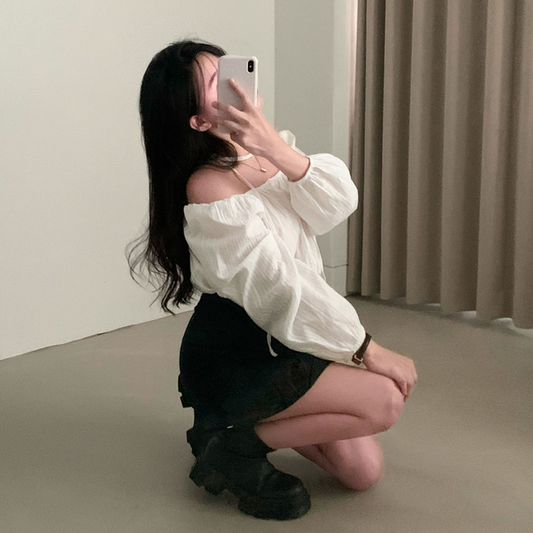 【タイ付き】オフショルダーコットンブラウス IVORY