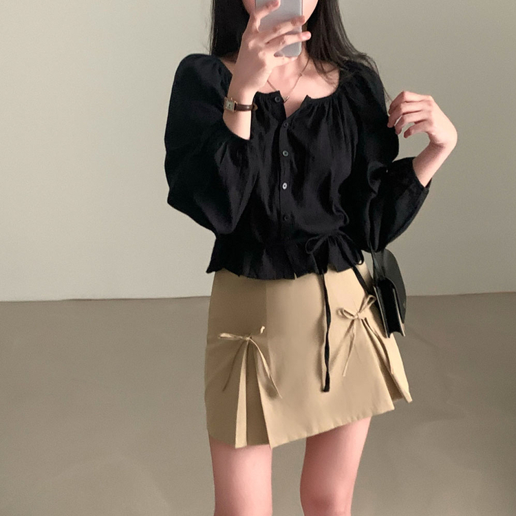 【タイ付き】オフショルダーコットンブラウス BLACK