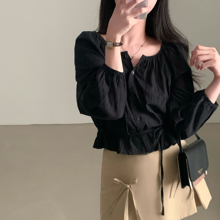 【タイ付き】オフショルダーコットンブラウス BLACK