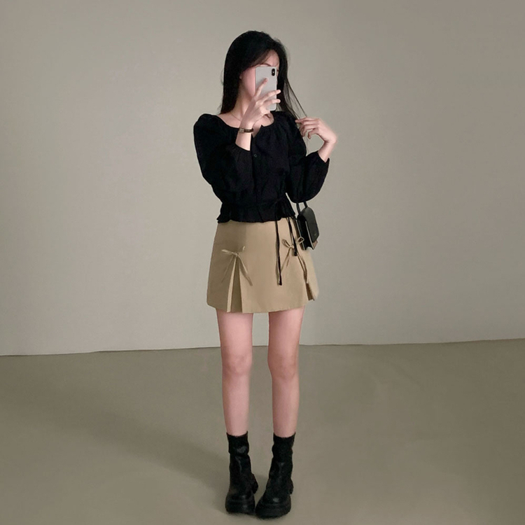 【タイ付き】オフショルダーコットンブラウス BLACK