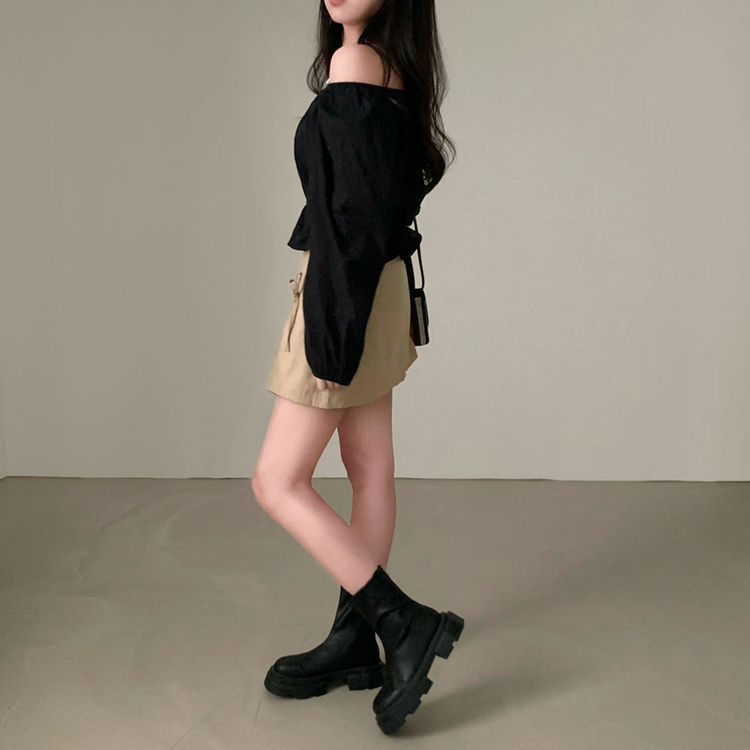 【タイ付き】オフショルダーコットンブラウス BLACK